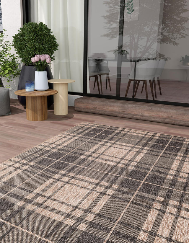 Black and Brown 7' 10 x 10' Outdoor Checkered Rectangle Area Rug Weather Resistant for Patio, Deck, Terrace, Balcony, Porch 100% Polypropylene Geometric Carpet for Sale at Rug Engine