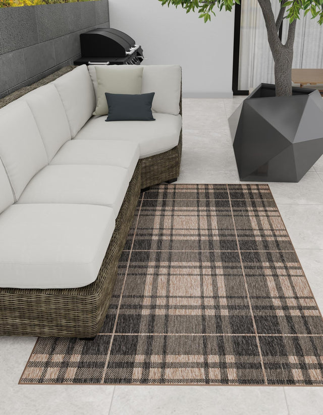 Black and Brown 7' 10 x 10' Outdoor Checkered Rectangle Area Rug Weather Resistant for Patio, Deck, Terrace, Balcony, Porch 100% Polypropylene Geometric Carpet for Sale at Rug Engine
