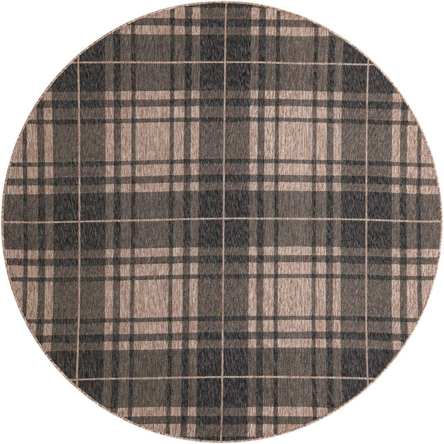 Black and Brown 7' 10 x 7' 10 Outdoor Checkered Round Area Rug Weather Resistant for Patio, Deck, Terrace, Balcony, Porch 100% Polypropylene Geometric Carpet for Sale at Rug Engine