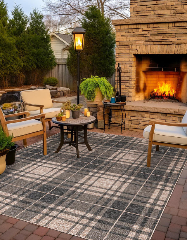 Black and Brown 7' 10 x 7' 10 Outdoor Checkered Square Area Rug Weather Resistant for Patio, Deck, Terrace, Balcony, Porch 100% Polypropylene Geometric Carpet for Sale at Rug Engine