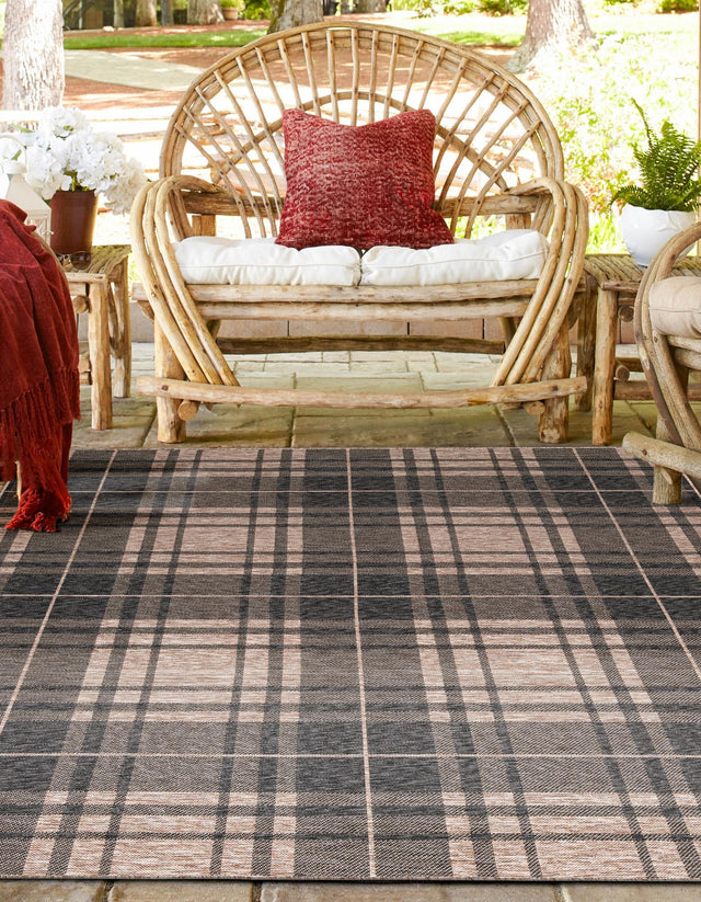 Black and Brown 7' 10 x 7' 10 Outdoor Checkered Square Area Rug Weather Resistant for Patio, Deck, Terrace, Balcony, Porch 100% Polypropylene Geometric Carpet for Sale at Rug Engine