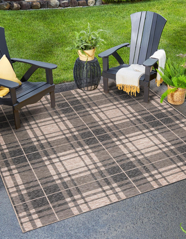 Black and Brown 10' x 10' Outdoor Checkered Square Area Rug Weather Resistant for Patio, Deck, Terrace, Balcony, Porch 100% Polypropylene Geometric Carpet for Sale at Rug Engine