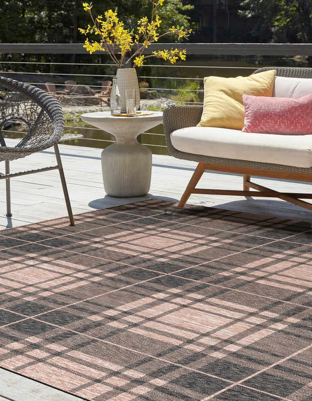 Black and Brown 10' x 10' Outdoor Checkered Square Area Rug Weather Resistant for Patio, Deck, Terrace, Balcony, Porch 100% Polypropylene Geometric Carpet for Sale at Rug Engine