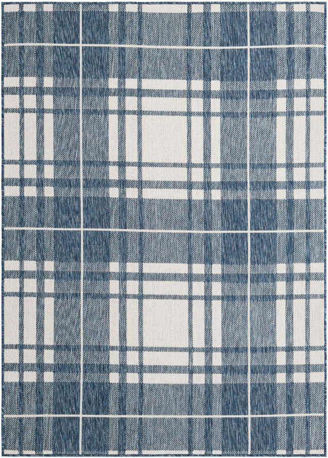 Blue 5' 3 x 7' 1 Outdoor Checkered Rectangle Area Rug Weather Resistant for Patio, Deck, Terrace, Balcony, Porch 100% Polypropylene Geometric Carpet for Sale at Rug Engine