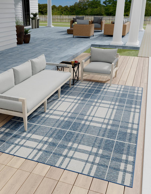 Blue 4' 1 x 6' 1 Outdoor Checkered Rectangle Area Rug Weather Resistant for Patio, Deck, Terrace, Balcony, Porch 100% Polypropylene Geometric Carpet for Sale at Rug Engine