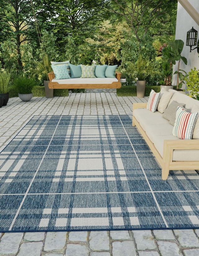 Blue 4' 1 x 6' 1 Outdoor Checkered Rectangle Area Rug Weather Resistant for Patio, Deck, Terrace, Balcony, Porch 100% Polypropylene Geometric Carpet for Sale at Rug Engine