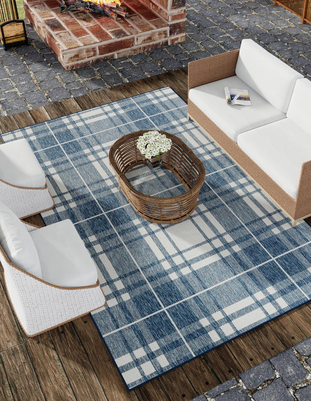 Blue 4' 1 x 6' 1 Outdoor Checkered Rectangle Area Rug Weather Resistant for Patio, Deck, Terrace, Balcony, Porch 100% Polypropylene Geometric Carpet for Sale at Rug Engine