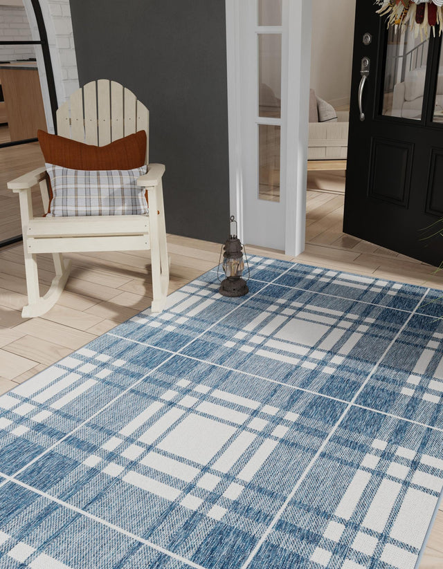 Blue 4' 1 x 6' 1 Outdoor Checkered Rectangle Area Rug Weather Resistant for Patio, Deck, Terrace, Balcony, Porch 100% Polypropylene Geometric Carpet for Sale at Rug Engine