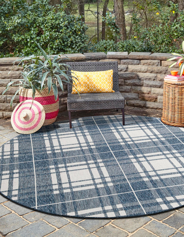Blue 3' 1 x 3' 1 Outdoor Checkered Round Area Rug Weather Resistant for Patio, Deck, Terrace, Balcony, Porch 100% Polypropylene Geometric Carpet for Sale at Rug Engine