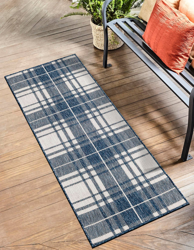 Blue 2' 7 x 12' Outdoor Checkered Runner Area Rug Weather Resistant for Patio, Deck, Terrace, Balcony, Porch 100% Polypropylene Geometric Carpet for Sale at Rug Engine
