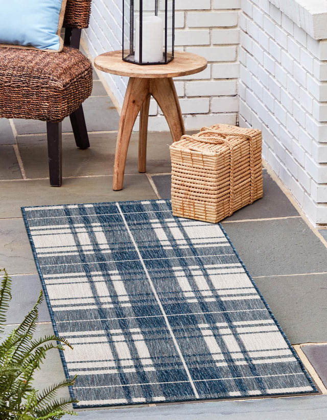 Blue 2' 7 x 12' Outdoor Checkered Runner Area Rug Weather Resistant for Patio, Deck, Terrace, Balcony, Porch 100% Polypropylene Geometric Carpet for Sale at Rug Engine