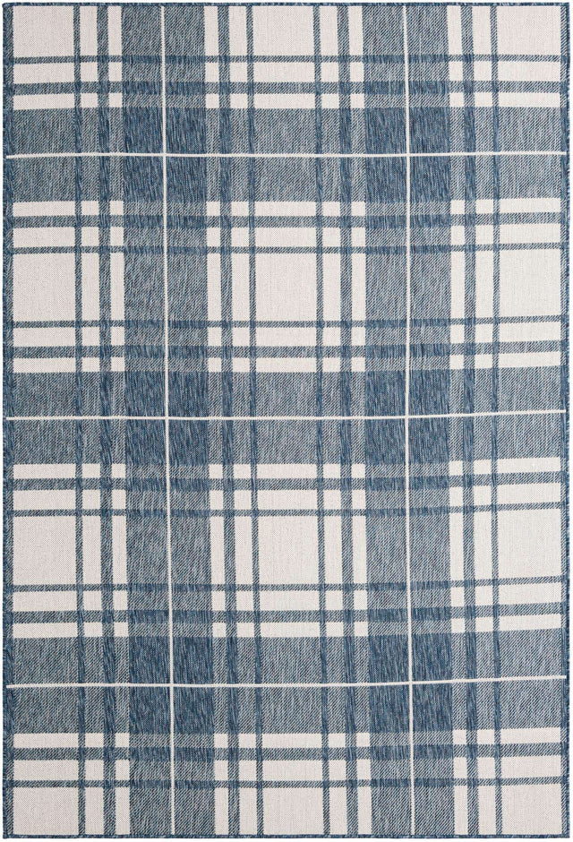 Blue 6' 1 x 9' Outdoor Checkered Rectangle Area Rug Weather Resistant for Patio, Deck, Terrace, Balcony, Porch 100% Polypropylene Geometric Carpet for Sale at Rug Engine