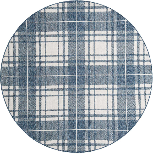 Blue 7' 10 x 7' 10 Outdoor Checkered Round Area Rug Weather Resistant for Patio, Deck, Terrace, Balcony, Porch 100% Polypropylene Geometric Carpet for Sale at Rug Engine