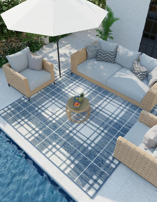 Blue 7' 10 x 7' 10 Outdoor Checkered Square Area Rug Weather Resistant for Patio, Deck, Terrace, Balcony, Porch 100% Polypropylene Geometric Carpet for Sale at Rug Engine