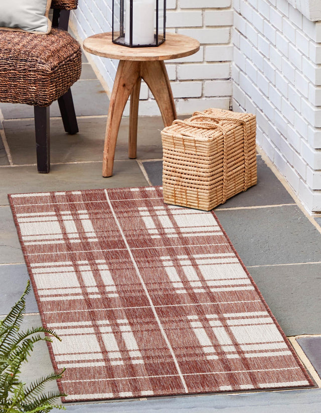 Red 2' x 6' 1 Outdoor Checkered Runner Area Rug Weather Resistant for Patio, Deck, Terrace, Balcony, Porch 100% Polypropylene Geometric Carpet for Sale at Rug Engine