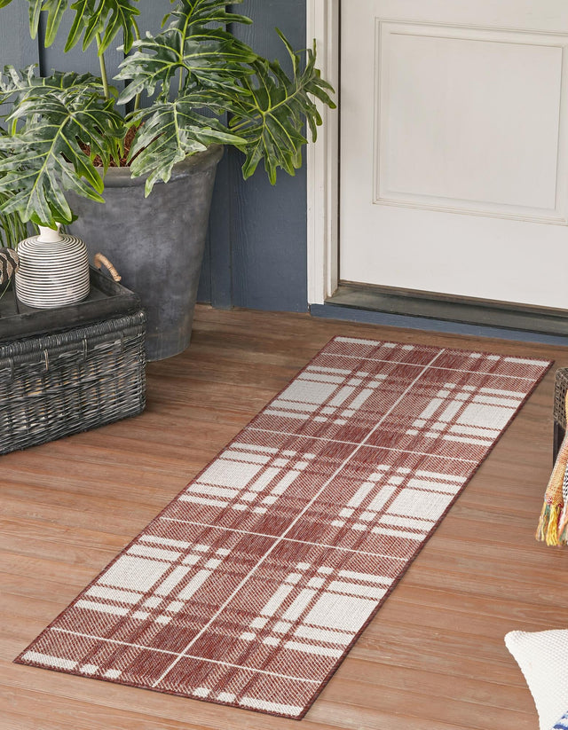 Red 2' x 6' 1 Outdoor Checkered Runner Area Rug Weather Resistant for Patio, Deck, Terrace, Balcony, Porch 100% Polypropylene Geometric Carpet for Sale at Rug Engine