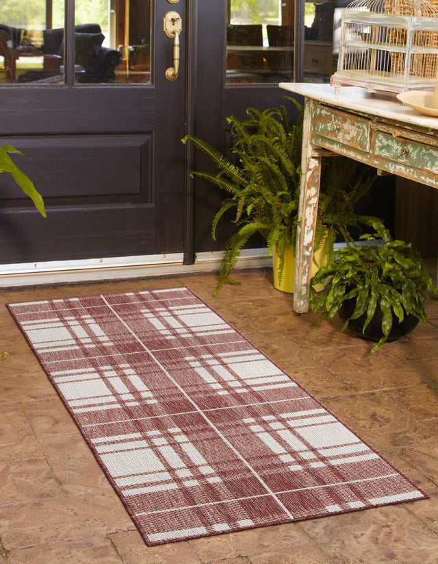 Red 2' x 6' 1 Outdoor Checkered Runner Area Rug Weather Resistant for Patio, Deck, Terrace, Balcony, Porch 100% Polypropylene Geometric Carpet for Sale at Rug Engine