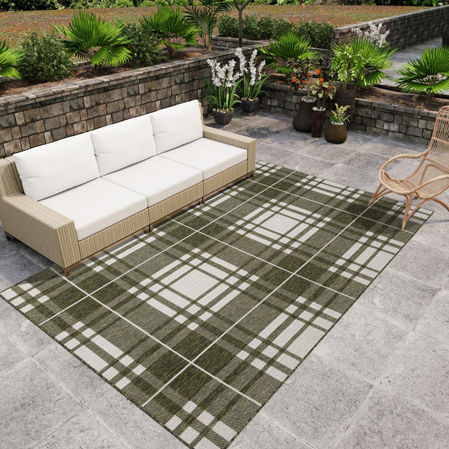 Green 9' x 12' Outdoor Checkered Rectangle Area Rug Weather Resistant for Patio, Deck, Terrace, Balcony, Porch 100% Polypropylene Geometric Carpet for Sale at Rug Engine