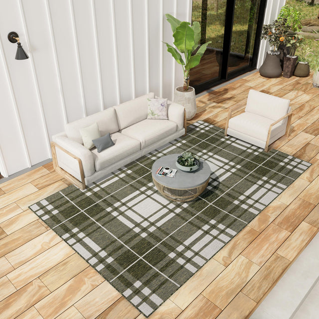 Green 4' 1 x 6' 1 Outdoor Checkered Rectangle Area Rug Weather Resistant for Patio, Deck, Terrace, Balcony, Porch 100% Polypropylene Geometric Carpet for Sale at Rug Engine