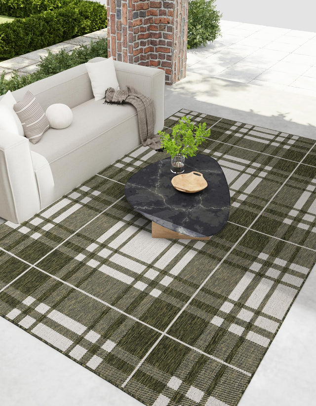 Green 5' 3 x 7' 1 Outdoor Checkered Rectangle Area Rug Weather Resistant for Patio, Deck, Terrace, Balcony, Porch 100% Polypropylene Geometric Carpet for Sale at Rug Engine