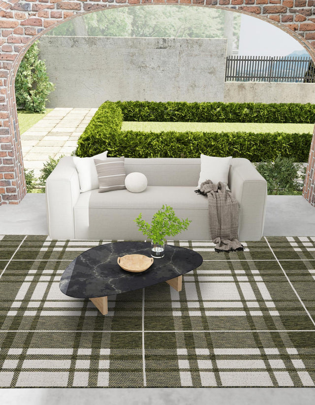Green 5' 3 x 7' 1 Outdoor Checkered Rectangle Area Rug Weather Resistant for Patio, Deck, Terrace, Balcony, Porch 100% Polypropylene Geometric Carpet for Sale at Rug Engine
