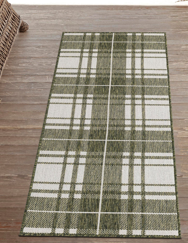 Green 2' x 6' 1 Outdoor Checkered Runner Area Rug Weather Resistant for Patio, Deck, Terrace, Balcony, Porch 100% Polypropylene Geometric Carpet for Sale at Rug Engine