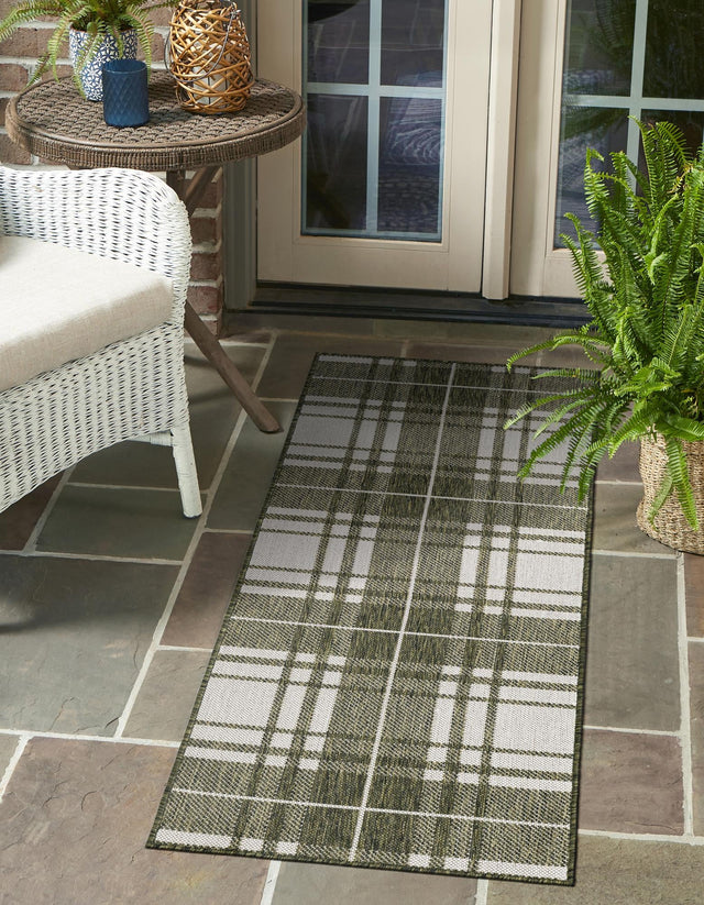 Green 2' x 6' 1 Outdoor Checkered Runner Area Rug Weather Resistant for Patio, Deck, Terrace, Balcony, Porch 100% Polypropylene Geometric Carpet for Sale at Rug Engine