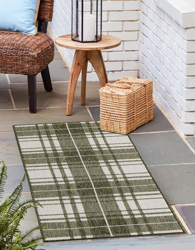 Green 2' x 5' 3 Outdoor Checkered Runner Area Rug Weather Resistant for Patio, Deck, Terrace, Balcony, Porch 100% Polypropylene Geometric Carpet for Sale at Rug Engine