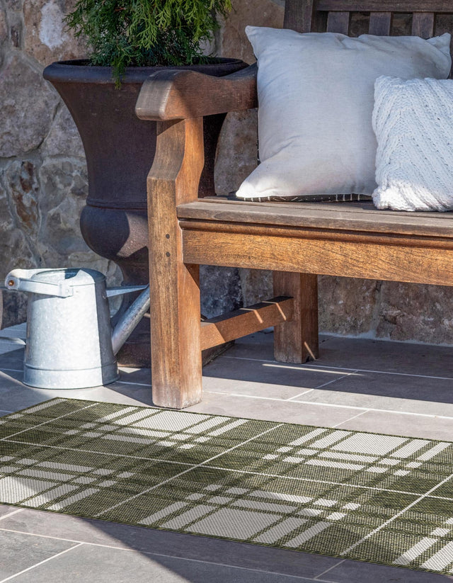 Green 2' x 5' 3 Outdoor Checkered Runner Area Rug Weather Resistant for Patio, Deck, Terrace, Balcony, Porch 100% Polypropylene Geometric Carpet for Sale at Rug Engine