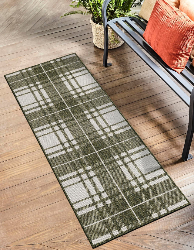 Green 2' x 5' 3 Outdoor Checkered Runner Area Rug Weather Resistant for Patio, Deck, Terrace, Balcony, Porch 100% Polypropylene Geometric Carpet for Sale at Rug Engine