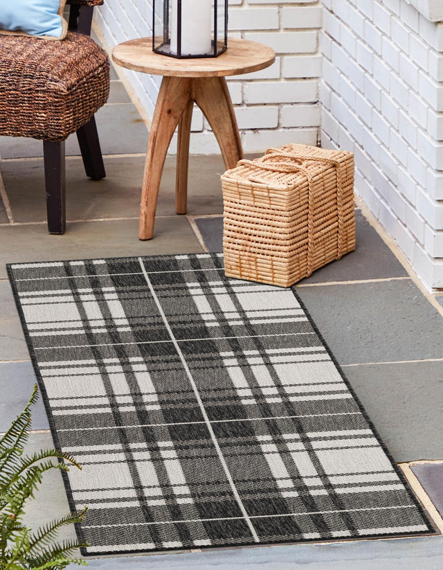 Black and White 2' x 8' Outdoor Checkered Runner Area Rug Weather Resistant for Patio, Deck, Terrace, Balcony, Porch 100% Polypropylene Geometric Carpet for Sale at Rug Engine