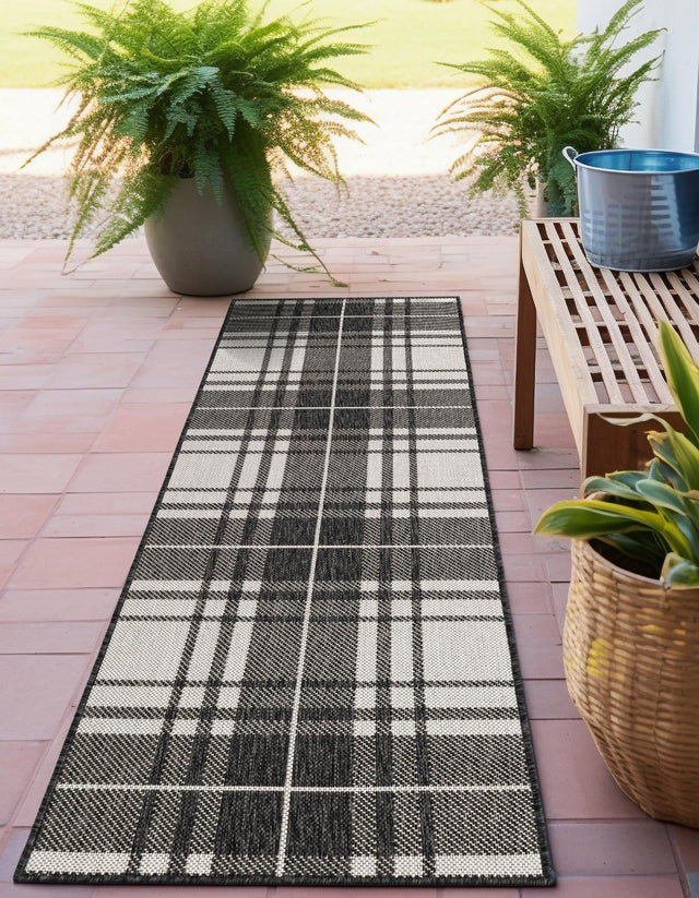 Black and White 2' x 8' Outdoor Checkered Runner Area Rug Weather Resistant for Patio, Deck, Terrace, Balcony, Porch 100% Polypropylene Geometric Carpet for Sale at Rug Engine