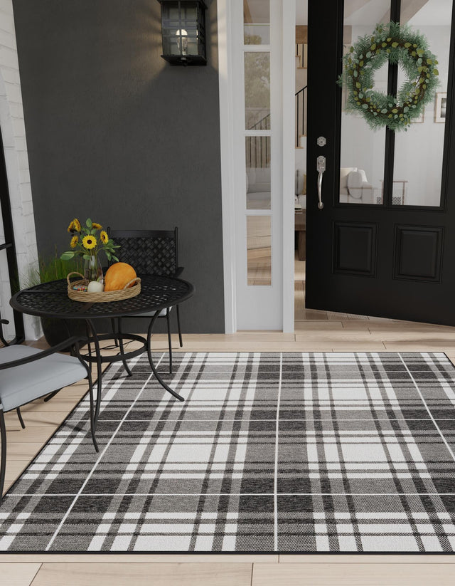Black and White 7' 10 x 7' 10 Outdoor Checkered Square Area Rug Weather Resistant for Patio, Deck, Terrace, Balcony, Porch 100% Polypropylene Geometric Carpet for Sale at Rug Engine