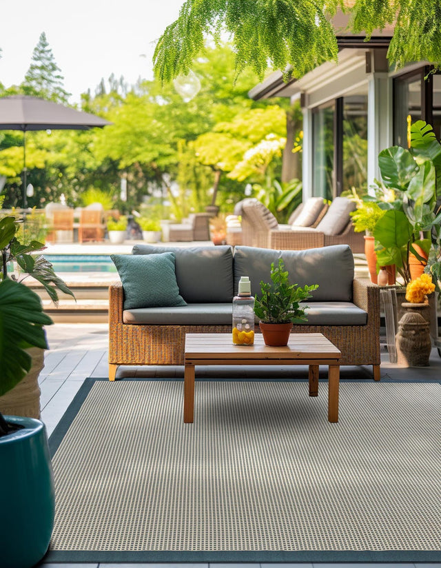 Navy Blue 7' 10 x 7' 10 Outdoor Border Square Area Rug Weather Resistant for Patio, Deck, Terrace, Balcony, Porch