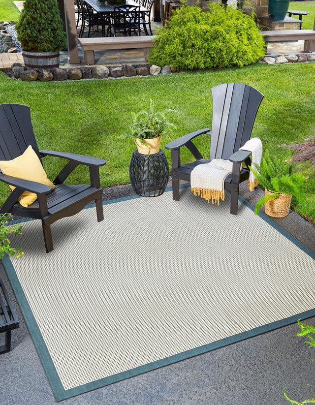 Navy Blue 10' x 10' Outdoor Border Square Area Rug Weather Resistant for Patio, Deck, Terrace, Balcony, Porch 100% Polypropylene Classic Bordered Carpet for Sale at Rug Engine