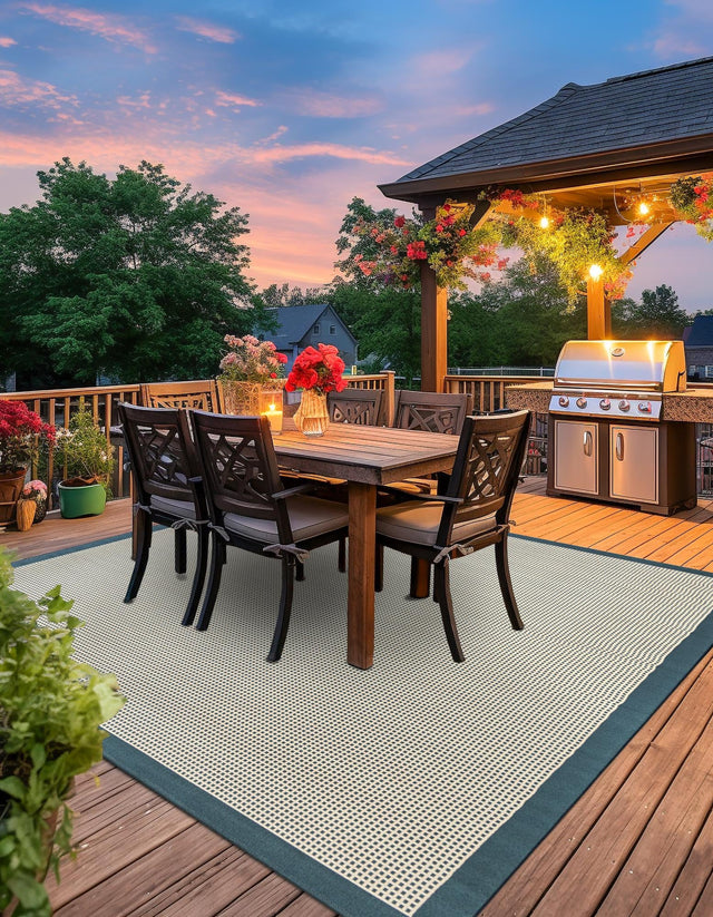 Navy Blue 7' 10 x 7' 10 Outdoor Border Square Area Rug Weather Resistant for Patio, Deck, Terrace, Balcony, Porch