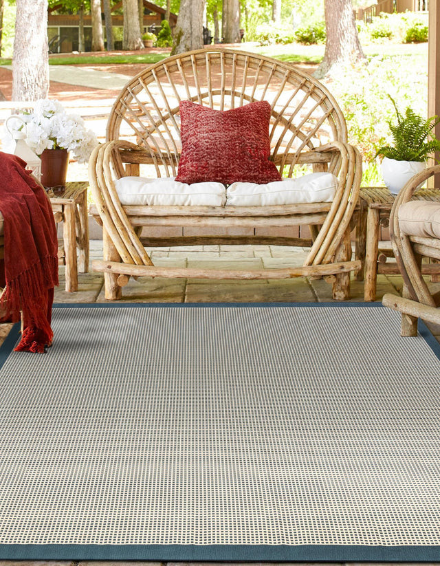 Navy Blue 10' x 10' Outdoor Border Square Area Rug Weather Resistant for Patio, Deck, Terrace, Balcony, Porch 100% Polypropylene Classic Bordered Carpet for Sale at Rug Engine