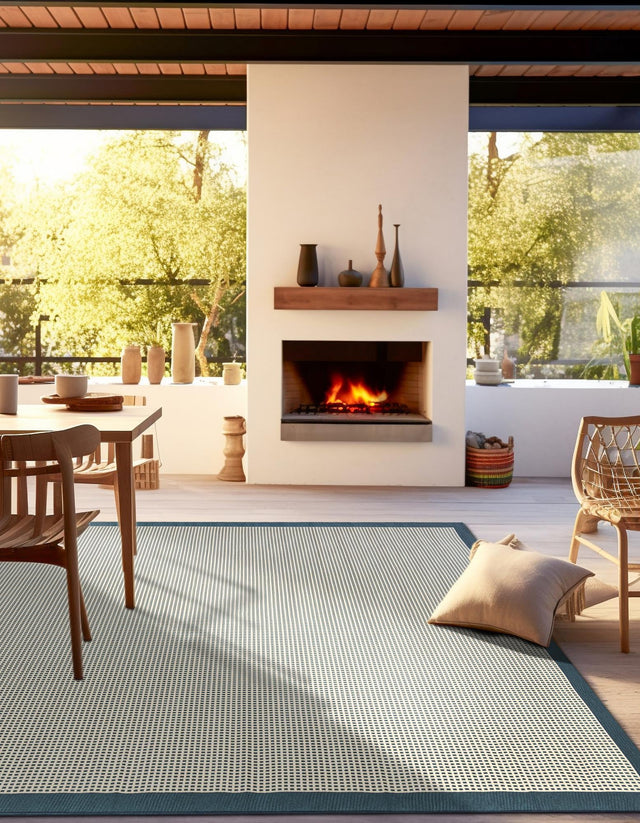 Navy Blue 10' x 10' Outdoor Border Square Area Rug Weather Resistant for Patio, Deck, Terrace, Balcony, Porch 100% Polypropylene Classic Bordered Carpet for Sale at Rug Engine