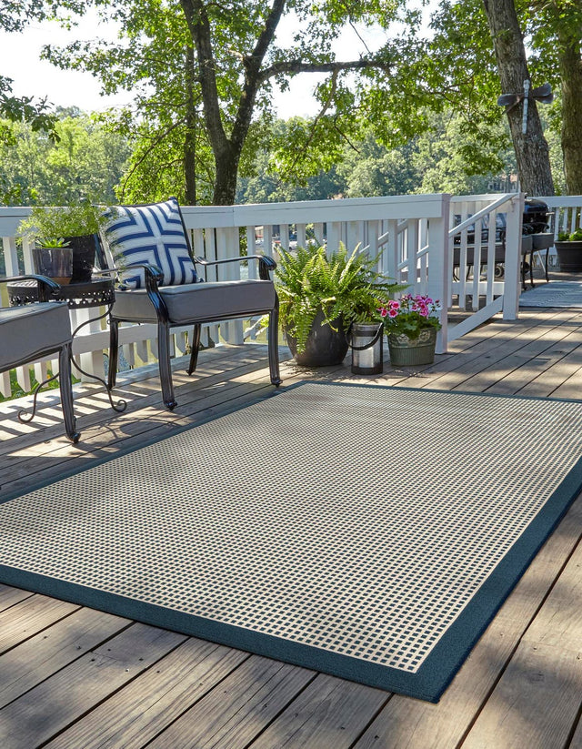 Navy Blue 9' x 12' Outdoor Border Rectangle Area Rug Weather Resistant for Patio, Deck, Terrace, Balcony, Porch 100% Polypropylene Classic Bordered Carpet for Sale at Rug Engine