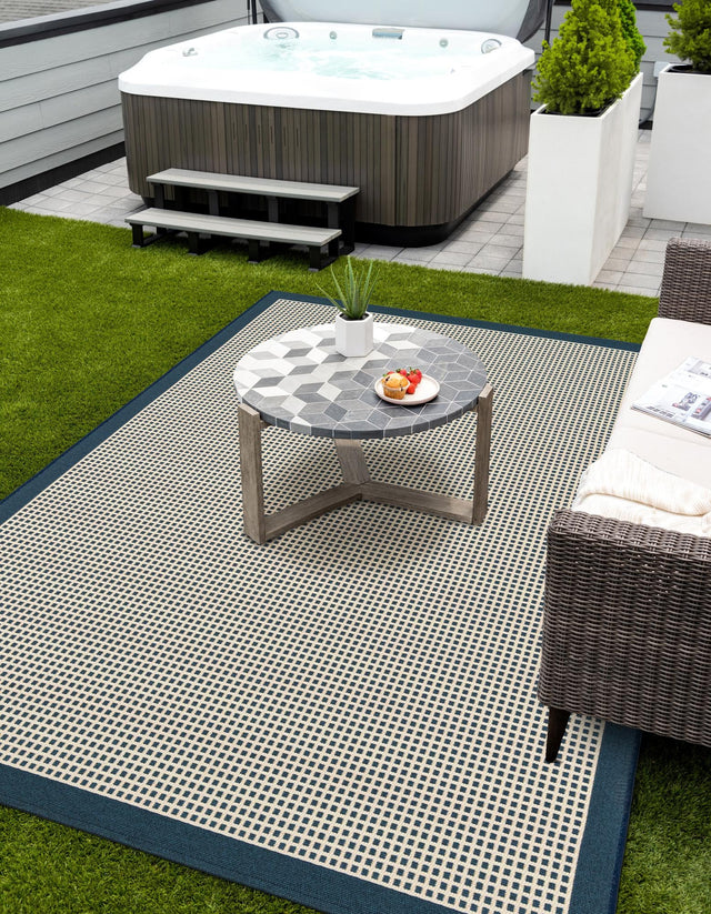 Navy Blue 5' 1 x 7' 1 Outdoor Border Rectangle Area Rug Weather Resistant for Patio, Deck, Terrace, Balcony, Porch 100% Polypropylene Classic Bordered Carpet for Sale at Rug Engine