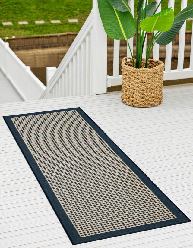Navy Blue 2' 7 x 12' Outdoor Border Runner Area Rug Weather Resistant for Patio, Deck, Terrace, Balcony, Porch