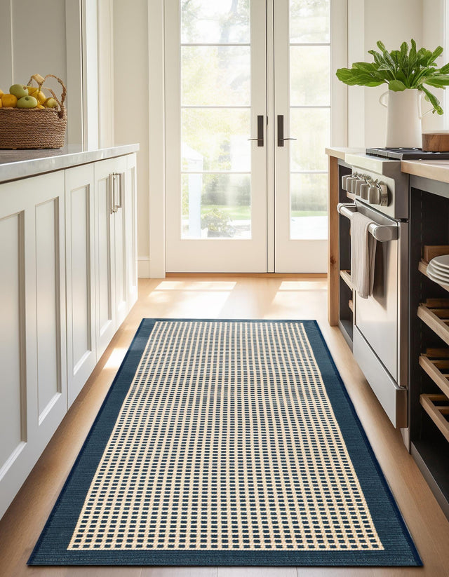 Navy Blue 2' 7 x 12' Outdoor Border Runner Area Rug Weather Resistant for Patio, Deck, Terrace, Balcony, Porch
