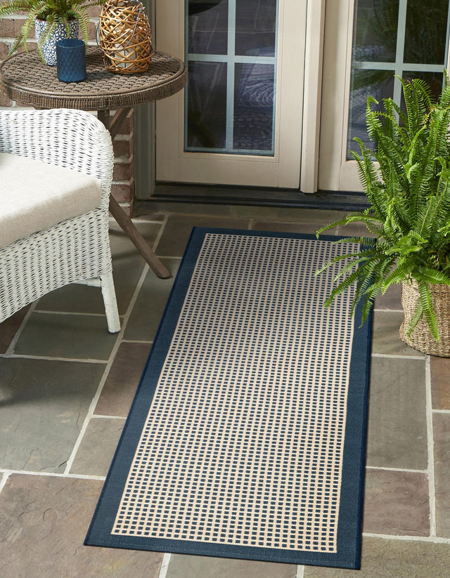 Navy Blue 2' 7 x 12' Outdoor Border Runner Area Rug Weather Resistant for Patio, Deck, Terrace, Balcony, Porch