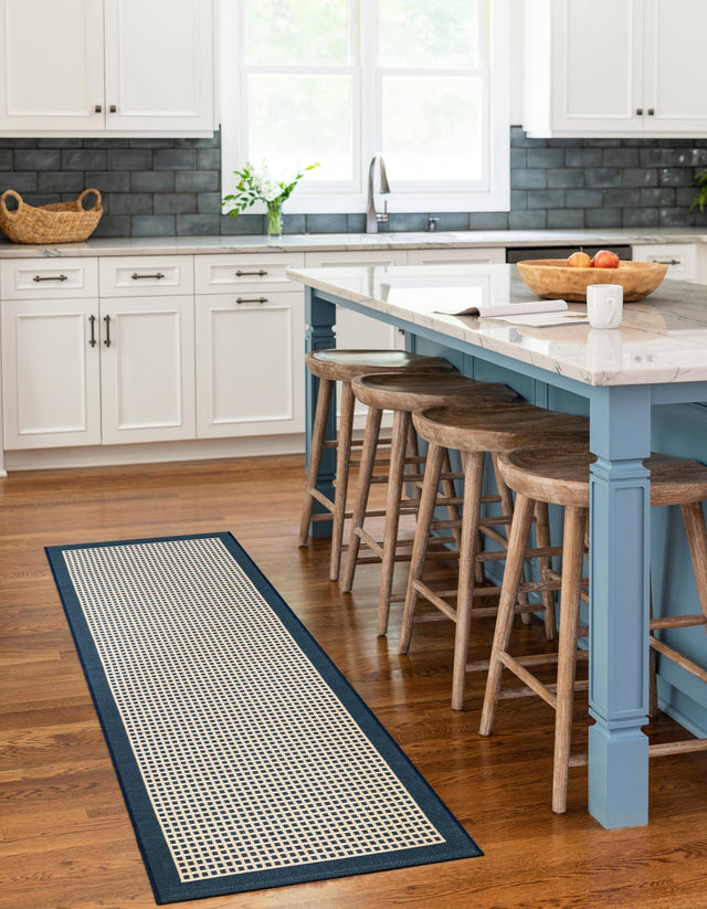 Navy Blue 2' 7 x 10' Outdoor Border Runner Area Rug Weather Resistant for Patio, Deck, Terrace, Balcony, Porch 100% Polypropylene Classic Bordered Carpet for Sale at Rug Engine
