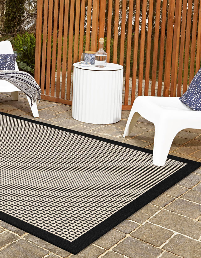 Black 4' 1 x 6' 1 Outdoor Border Rectangle Area Rug Weather Resistant for Patio, Deck, Terrace, Balcony, Porch 100% Polypropylene Classic Bordered Carpet for Sale at Rug Engine