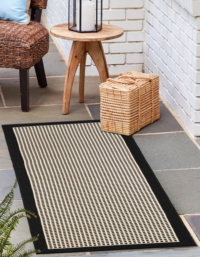 Black 2' x 8' Outdoor Border Runner Area Rug Weather Resistant for Patio, Deck, Terrace, Balcony, Porch 100% Polypropylene Classic Bordered Carpet for Sale at Rug Engine