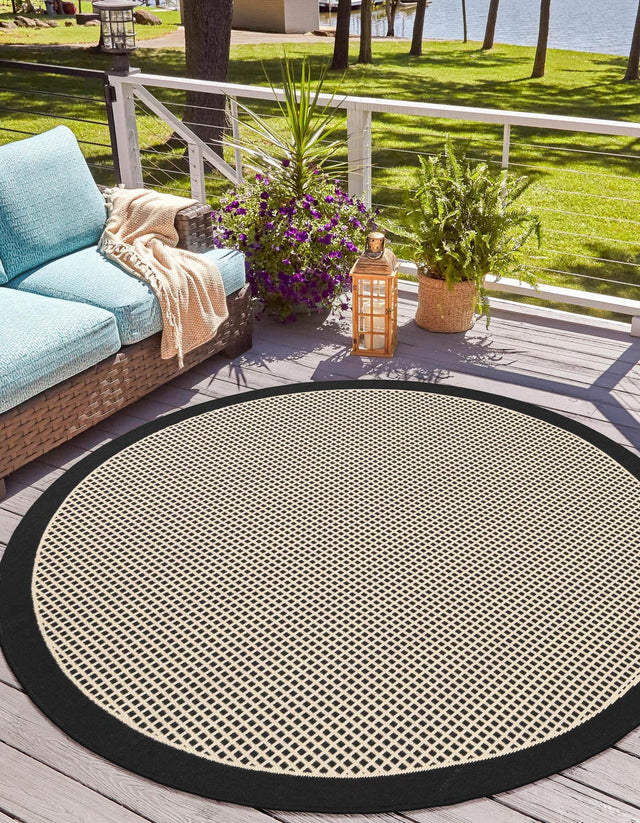 Black 7' 10 x 7' 10 Outdoor Border Round Area Rug Weather Resistant for Patio, Deck, Terrace, Balcony, Porch 100% Polypropylene Classic Bordered Carpet for Sale at Rug Engine