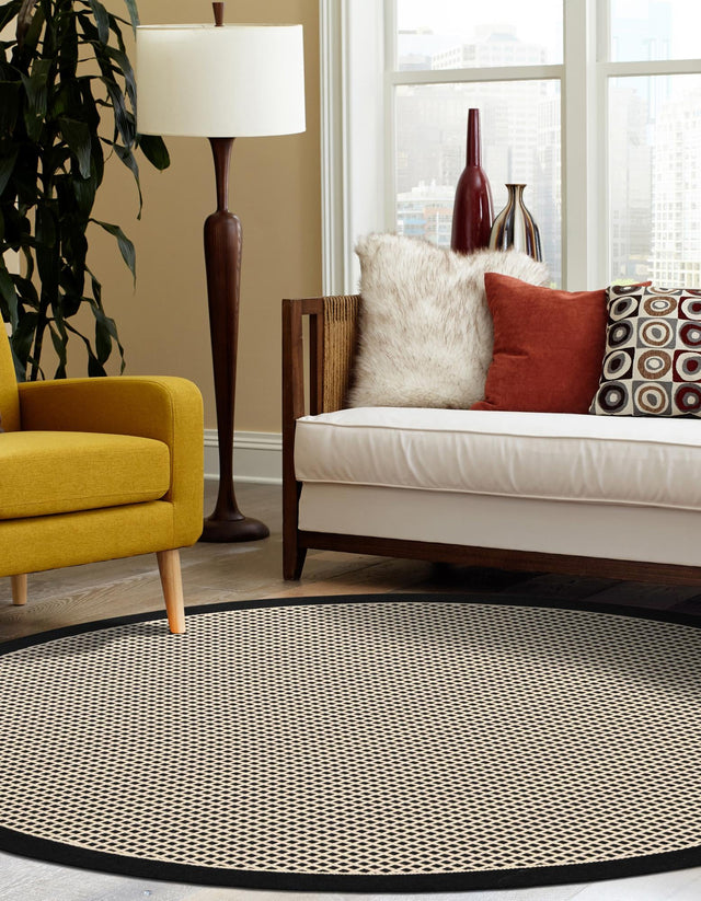 Black 4' 1 x 4' 1 Outdoor Border Round Area Rug Weather Resistant for Patio, Deck, Terrace, Balcony, Porch 100% Polypropylene Classic Bordered Carpet for Sale at Rug Engine