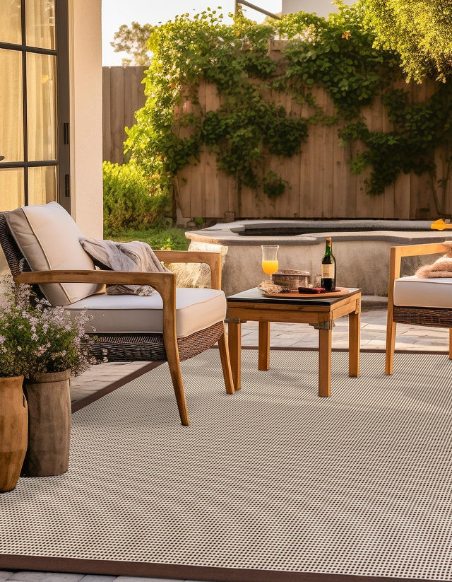 Brown 10' x 10' Outdoor Border Square Area Rug Weather Resistant for Patio, Deck, Terrace, Balcony, Porch 100% Polypropylene Classic Bordered Carpet for Sale at Rug Engine