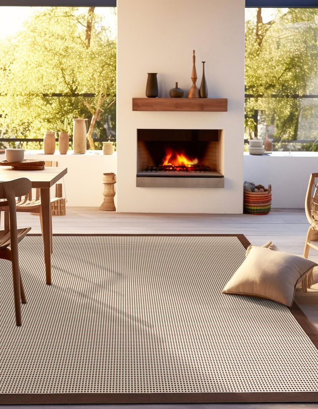 Brown 10' x 10' Outdoor Border Square Area Rug Weather Resistant for Patio, Deck, Terrace, Balcony, Porch 100% Polypropylene Classic Bordered Carpet for Sale at Rug Engine